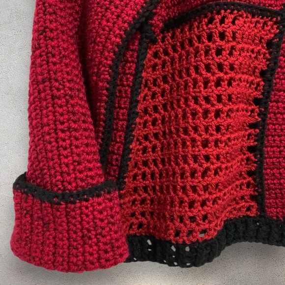 ARTISAN Colorblock Crochet Pullover Mesh Sweater NEW Red Black Hand Crafted - Picture 5 of 8